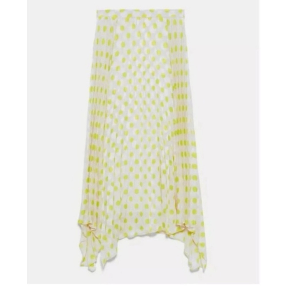 Zara Satin Yellow Polka Dot Pleated Midi Skirt - Picture 2 of 8